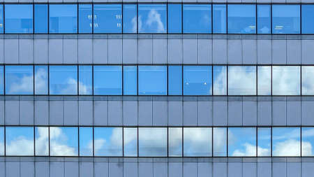 Corporate landmark skyline in a modern city. Towering glass skyscrapers reflecting the business...