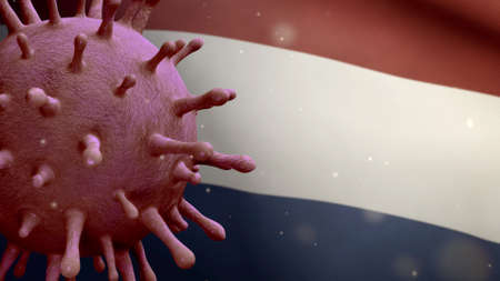 3D illustration Flu coronavirus floating over Dutch flag, pathogen attacks respiratory tract. Netherlands banner waving with pandemic of Covid19 virus infection concept. Real fabric texture ensignの写真素材