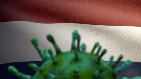 3D illustration Dutch flag waving with Coronavirus outbreak infecting respiratory system as dangerous flu. Influenza type Covid 19 virus with national Netherlands banner blowing background. Pandemicの写真素材