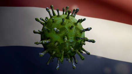 3D illustration Dutch flag waving and Coronavirus 2019 nCov concept. Asian outbreak in Netherlands, coronaviruses influenza as dangerous flu strain cases as a pandemic. Microscope virus Covid19の写真素材