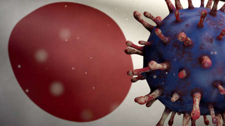 Japanese flag waving and Coronavirus 2019 nCov concept. Asian outbreak in Japan, coronaviruses influenza as dangerous flu strain cases as a pandemic. Microscope virus Covid19 close up.の写真素材
