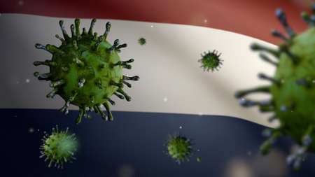 3D illustration Flu coronavirus floating over Dutch flag, pathogen attacks respiratory tract. Netherlands banner waving with pandemic of Covid19 virus infection concept. Real fabric texture ensignの写真素材