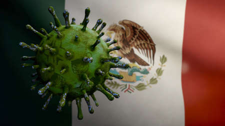 Flu coronavirus floating over Mexican flag, a pathogen that attacks the respiratory tract. Mexico banner waving with pandemic of Covid19 virus infection concept. Close up of real fabric texture ensignの写真素材