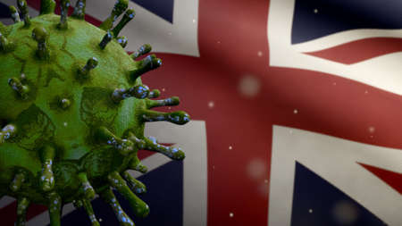 United Kingdom flag waving and Coronavirus 2019 nCov concept. Asian outbreak in Britain, coronaviruses influenza as dangerous flu strain cases as a pandemic. Microscope virus Covid19 close up.の写真素材