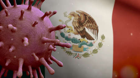 Flu coronavirus floating over Mexican flag, a pathogen that attacks the respiratory tract. Mexico banner waving with pandemic of Covid19 virus infection concept. Close up of real fabric texture ensignの写真素材