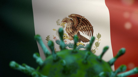 Flu coronavirus floating over Mexican flag, a pathogen that attacks the respiratory tract. Mexico banner waving with pandemic of Covid19 virus infection concept. Close up of real fabric texture ensignの写真素材