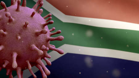 3D illustration Flu coronavirus floating over African RSA flag. South Africa banner waving with pandemic of Covid19 virus infection concept. Real fabric texture ensignの写真素材