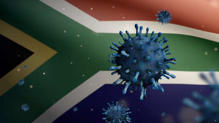 3D illustration African RSA flag waving and Coronavirus 2019 nCov concept. Asian outbreak in South Africa, coronaviruses influenza as dangerous flu strain cases as a pandemic. Microscope virus Covid19の写真素材