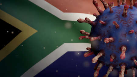 3D illustration Flu coronavirus floating over African RSA flag. South Africa banner waving with pandemic of Covid19 virus infection concept. Real fabric texture ensignの写真素材