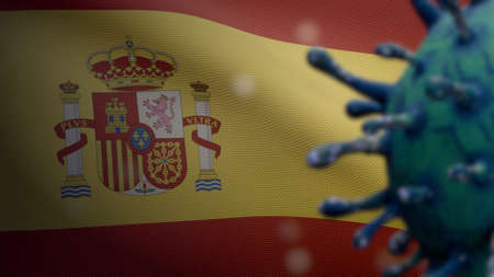 Flu coronavirus floating over Spanish flag, a pathogen that attacks the respiratory tract. Spain banner waving with pandemic of Covid19 virus infection concept. Close up of real fabric texture ensignの写真素材
