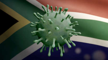 3D illustration African RSA flag waving and Coronavirus 2019 nCov concept. Asian outbreak in South Africa, coronaviruses influenza as dangerous flu strain cases as a pandemic. Microscope virus Covid19の写真素材