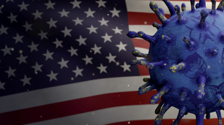 3D illustration American flag waving with Coronavirus outbreak. Influenza type Covid 19 virus with national USA banner blowing at background. Pandemic risk conceptの写真素材
