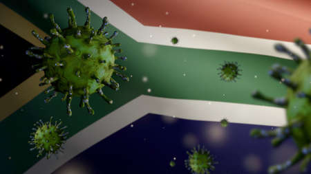 3D illustration Flu coronavirus floating over African RSA flag. South Africa banner waving with pandemic of Covid19 virus infection concept. Real fabric texture ensignの写真素材