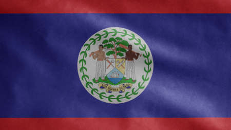 Belizean flag waving in the wind. Close up of Belize banner blowing, soft and smooth silk. Cloth fabric texture ensign background.の写真素材