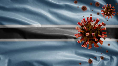 3D, Flu coronavirus floating over Botswana flag, a pathogen that attacks the respiratory tract. Tswana banner waving with pandemic of Covid19 virus infection concept. Real fabric texture ensignの写真素材