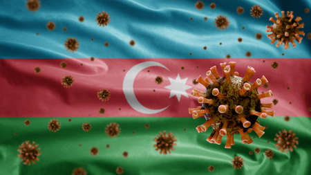 3D, Flu coronavirus floating over Azerbaijani flag, a pathogen that attacks the respiratory tract. Azerbaijan banner waving with pandemic of Covid19 virus infection concept. Real fabric texture ensignの写真素材