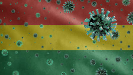 3D, Bolivian flag waving with Coronavirus outbreak infecting respiratory system as dangerous flu. Influenza type Covid 19 virus with national Bolivia banner blowing background. Pandemic risk conceptの写真素材
