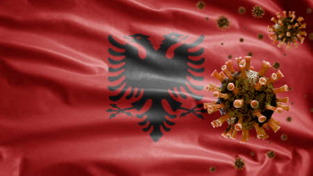 3D, Albanian flag waving and Coronavirus 2019 nCov concept. Asian outbreak in Albania, coronaviruses influenza as dangerous flu strain cases as a pandemic. Microscope virus Covid19 close up.の写真素材