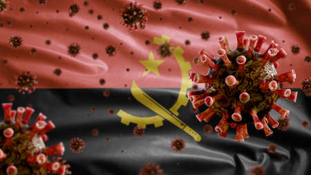 3D, Angolan flag waving and Coronavirus 2019 nCov concept. Asian outbreak in Angola, coronaviruses influenza as dangerous flu strain cases as a pandemic. Microscope virus Covid19 close up.の写真素材
