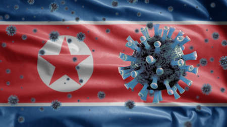 3D, Flu coronavirus floating over North Korean flag, a pathogen that attacks the respiratory tract. Korea banner waving with pandemic of Covid19 virus infection concept.の写真素材