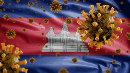 3D, Cambodian flag waving with Coronavirus outbreak infecting respiratory system as dangerous flu. Influenza type Covid 19 virus with national Cambodia banner blowing background. Pandemic risk conceptの写真素材