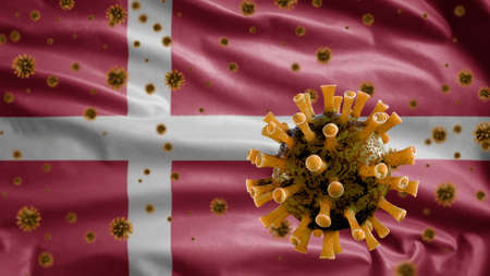 3D, Danish flag waving with coronavirus outbreak infecting respiratory system as dangerous flu. Influenza type Covid 19 virus with national Denmark banner blowing at background. Pandemic risk conceptの写真素材