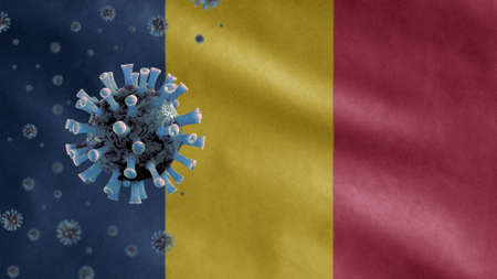 3D, Chadian flag waving with coronavirus outbreak infecting respiratory system as dangerous flu. Influenza type Covid 19 virus with national Chad banner blowing at background. Pandemic risk conceptの写真素材