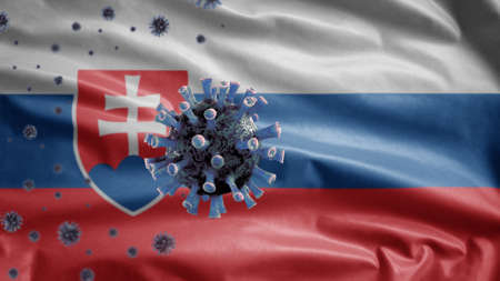3D, Slovak flag waving and Coronavirus 2019 nCov concept. Asian outbreak in Slovakia, coronaviruses influenza as dangerous flu strain cases as a pandemic. Microscope virus Covid19 close up.の写真素材
