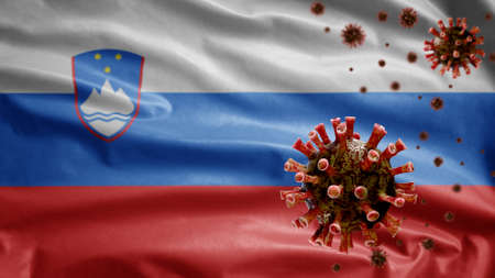 3D, Slovenian flag waving with coronavirus outbreak infecting respiratory system as dangerous flu. Influenza type Covid 19 virus with national Slovenia banner blowing background. Pandemic risk conceptの写真素材