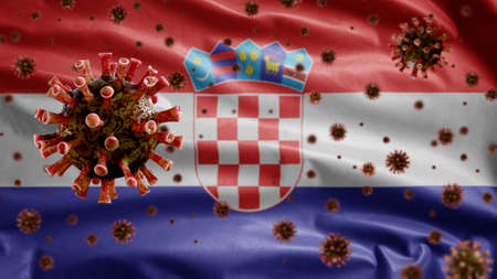 3D, Flu coronavirus floating over Croatian flag, a pathogen that attacks the respiratory tract. Croatia banner waving with pandemic of Covid19 virus infection concept. Real fabric texture ensignの写真素材