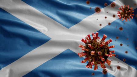 3D, Scottish flag waving with coronavirus outbreak infecting respiratory system as dangerous flu. Influenza type Covid 19 virus with national Scotland banner blowing background. Pandemic risk conceptの写真素材