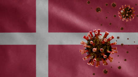 3D, Danish flag waving with coronavirus outbreak infecting respiratory system as dangerous flu. Influenza type Covid 19 virus with national Denmark banner blowing at background.の写真素材