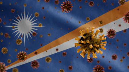 3D, Flu coronavirus floating over Marshallese flag, a pathogen that attacks the respiratory tract. Marshall banner waving with pandemic of Covid19 virus infection concept.の写真素材