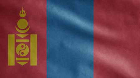 Mongolian flag waving in the wind. Close up of Mongolia banner blowing, soft and smooth silk. Cloth fabric texture ensign backgroundの写真素材
