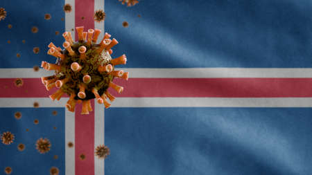 3D, Icelandic flag waving and Coronavirus 2019 nCov concept. Asian outbreak in Iceland, coronaviruses influenza as dangerous flu strain cases as a pandemic. Microscope virus Covid19 close up.の写真素材