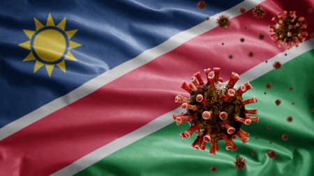 3D, Namibian flag waving and Coronavirus 2019 nCov concept. Asian outbreak in Namibia, coronaviruses influenza as dangerous flu strain cases as a pandemic. Microscope virus Covid19 close up.の写真素材