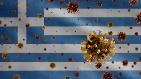 3D, Flu coronavirus floating over Greek flag, a pathogen that attacks the respiratory tract. Greece banner waving with pandemic of Covid19 virus infection concept.の写真素材