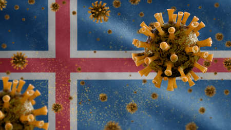 3D, Icelandic flag waving with coronavirus outbreak infecting respiratory system as dangerous flu. Influenza type Covid 19 virus with national Iceland banner blowing background. Pandemic risk conceptの写真素材