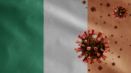 3D, Ireland flag waving with coronavirus outbreak infecting respiratory system as dangerous flu. Influenza type Covid 19 virus with national Irish banner blowing at background.の写真素材
