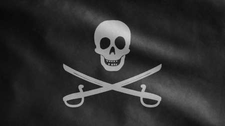 3D, fabric texture of the pirate skull with sabers flag waving in wind. Calico Jack pirate symbol for hacker and robber concept. Realistic flag of Pirates black on the wavy surfaceの写真素材