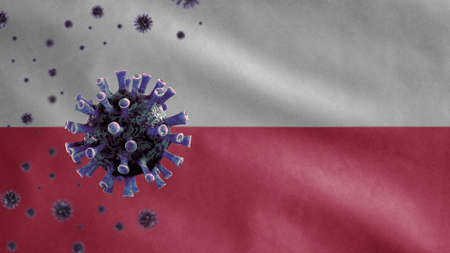 3D, Polish flag waving and Coronavirus 2019 nCov concept. Asian outbreak in Poland, coronaviruses influenza as dangerous flu strain cases as a pandemic. Microscope virus Covid19 close up.の写真素材