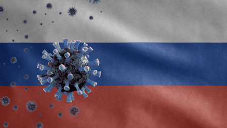 3D, Russian flag waving and Coronavirus 2019 nCov concept. Asian outbreak in Russia, coronaviruses influenza as dangerous flu strain cases as a pandemic. Microscope virus Covid19 close up.の写真素材