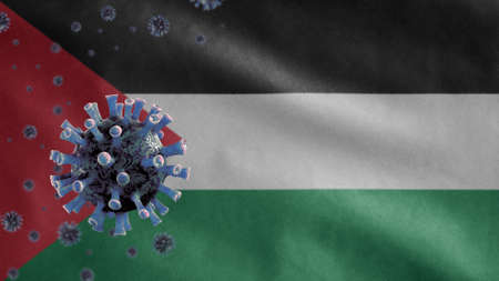 3D, Palestinian flag waving and Coronavirus 2019 nCov concept. Asian outbreak in Palestine, coronaviruses influenza as dangerous flu strain cases as a pandemic. Microscope virus Covid19 close up.の写真素材