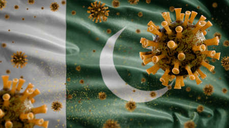 3D, Pakistani flag waving with coronavirus outbreak infecting respiratory system as dangerous flu. Influenza type Covid 19 virus with national Pakistan banner blowing background. Pandemic risk conceptの写真素材