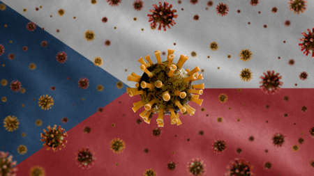 3D, Flu coronavirus floating over Czechia flag, a pathogen that attacks the respiratory tract. Czech Republic banner waving with pandemic of Covid19 virus infection concept.の写真素材