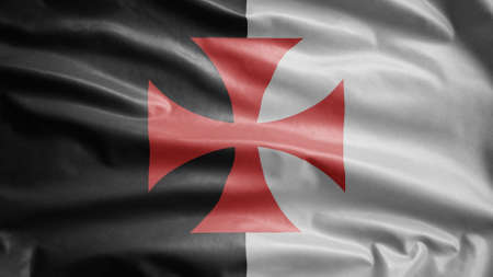 The knights templars flag waving in the wind. Poor fellow soldiers of christ and temple of solomon banner blowing, soft and smooth silk. Cloth fabric texture ensign backgroundの写真素材