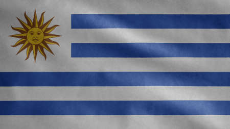 Uruguayan flag waving in the wind. Close up of Uruguay banner blowing, soft and smooth silk. Cloth fabric texture ensign background.の写真素材