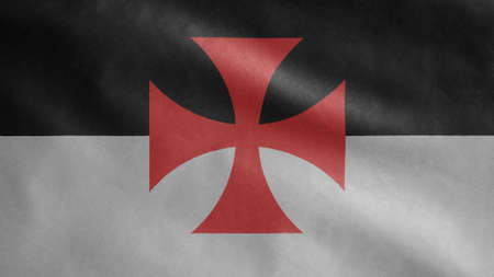 Banner of the knights templars, the Catholic military order medieval. Close up flag of poor fellow soldiers of christ and temple of solomon. Cloth fabric texture ensign backgroundの写真素材