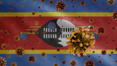 3D, Flu coronavirus floating over Swaziland flag, a pathogen that attacks the respiratory tract. Eswatini banner waving with pandemic of Covid19 virus infection concept.の写真素材