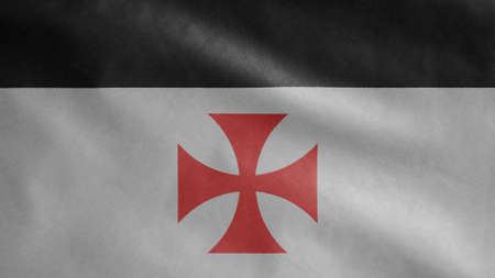 Banner of the knights templars, the Catholic military order medieval. Close up flag of poor fellow soldiers of christ and temple of solomon. Cloth fabric texture ensign backgroundの写真素材